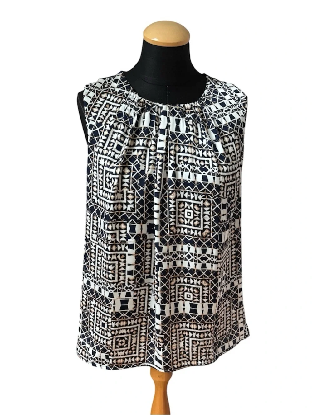 Cortefiel Woman Aztec Tribal Print Pleated Neck Tank Top Size XL